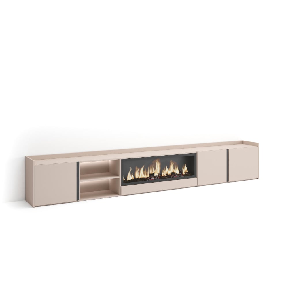 Meuble tv effet bois beige 315x35x50cm cheminée effet feu XXL
