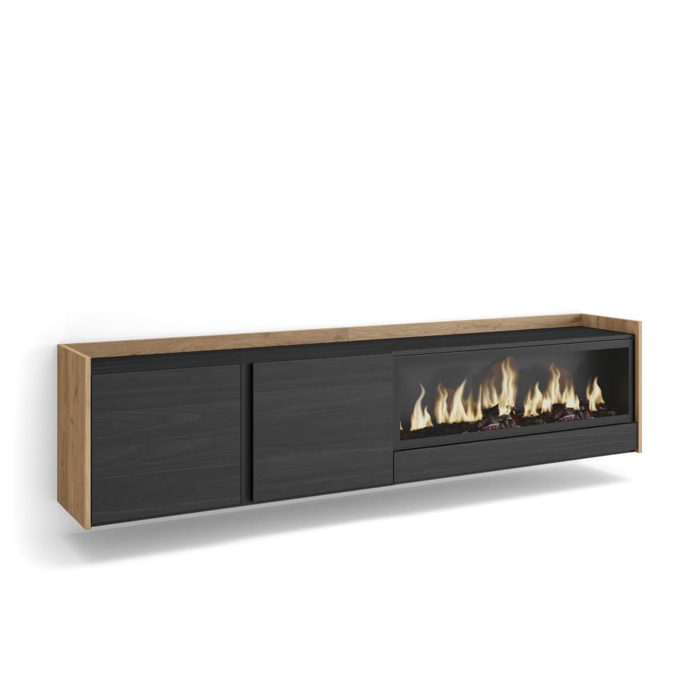 Meuble tv effet bois noir et chêne 212x35x50cm cheminée effet feu XXL