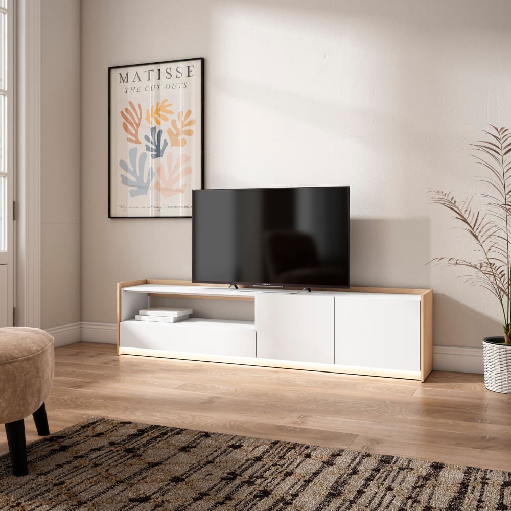 Skraut home TV-Möbel Holzeffekt weiß und eiche 207x37x50cm mit Led style modern - Spanplatte