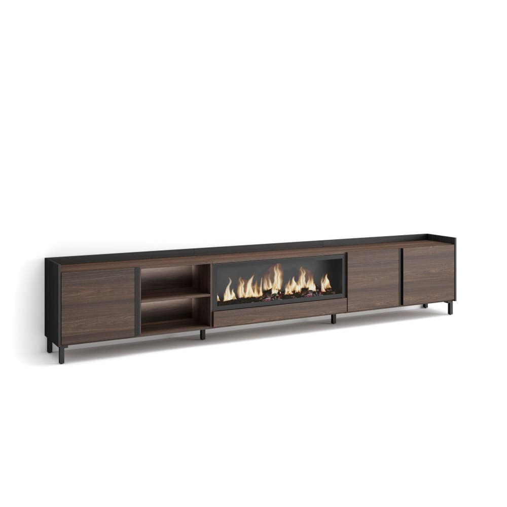 Meuble tv effet bois de chêne et noir 315x35x61cm cheminée effet feu