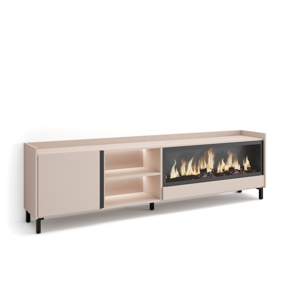Meuble tv effet bois beige 212x35x61cm cheminée effet feu XXL