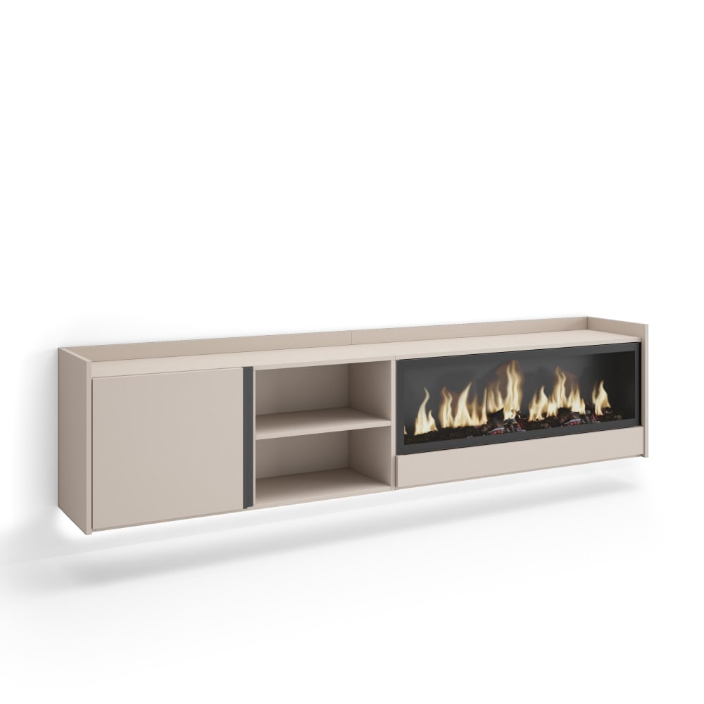 Meuble tv effet bois beige 212x35x50cm cheminée effet feu XXL