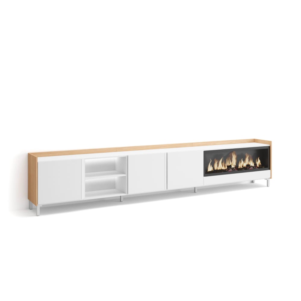 Meuble tv effet bois blanc et chêne 315x35x61cm cheminée effet feu XXL