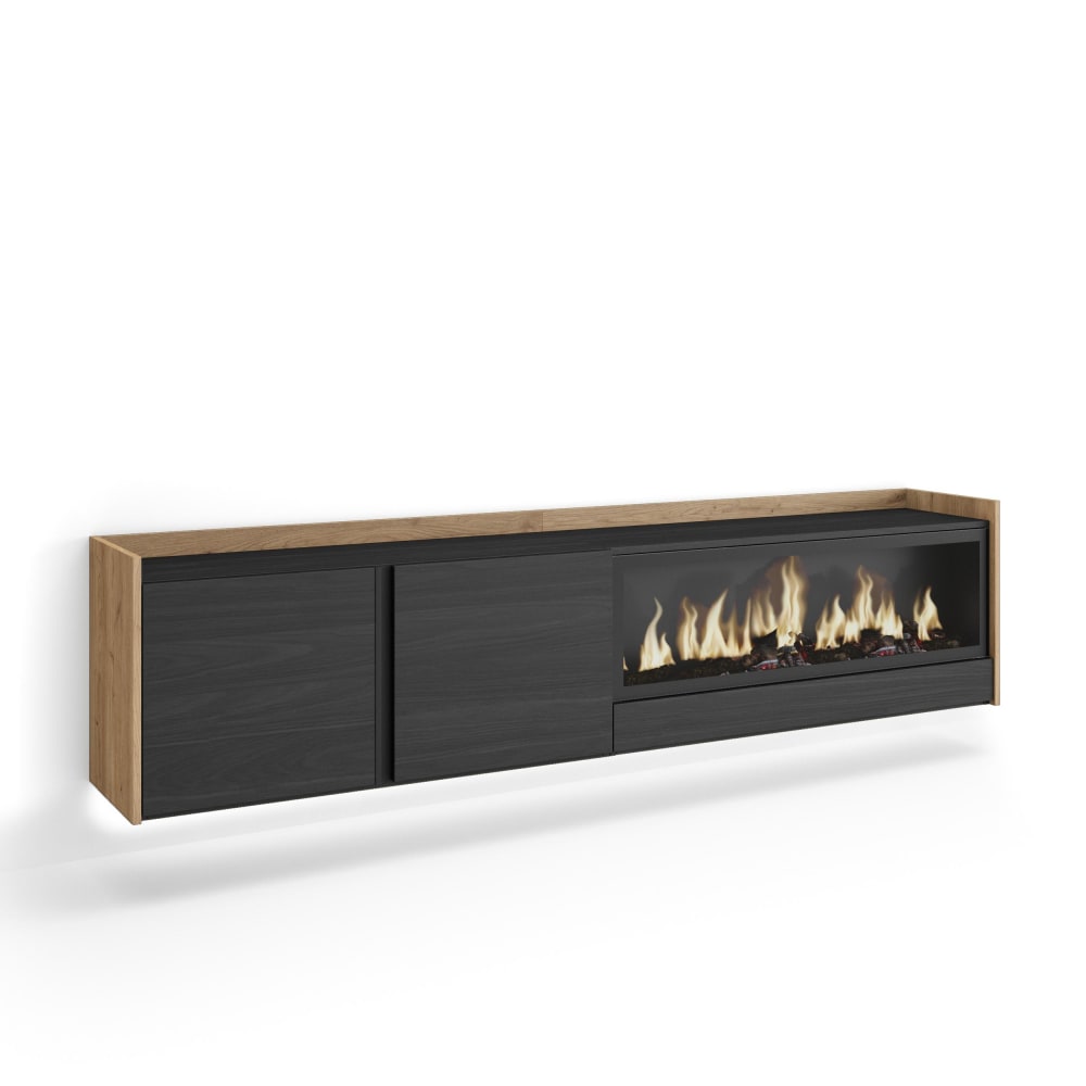 Meuble tv effet bois noir et chêne 212x35x50cm cheminée effet feu XXL