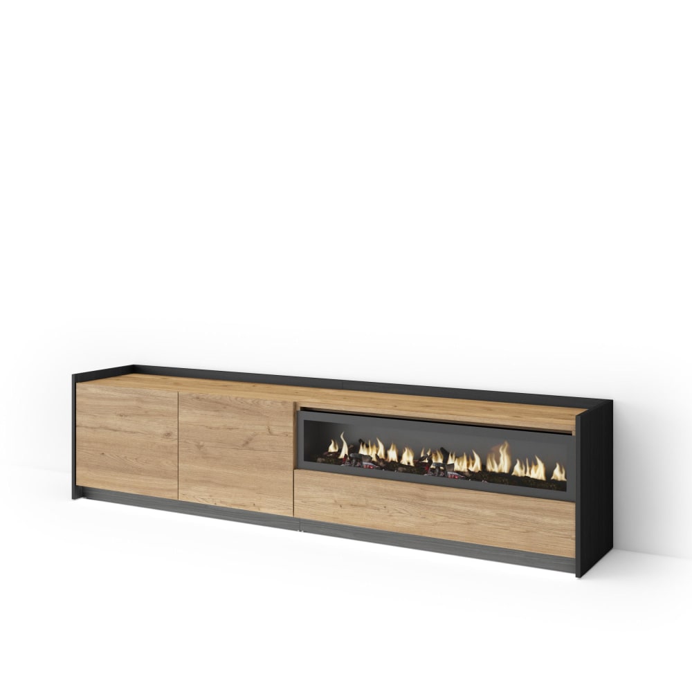 Meuble tv effet bois de chêne et noir 207x37x50cm cheminée effet feu