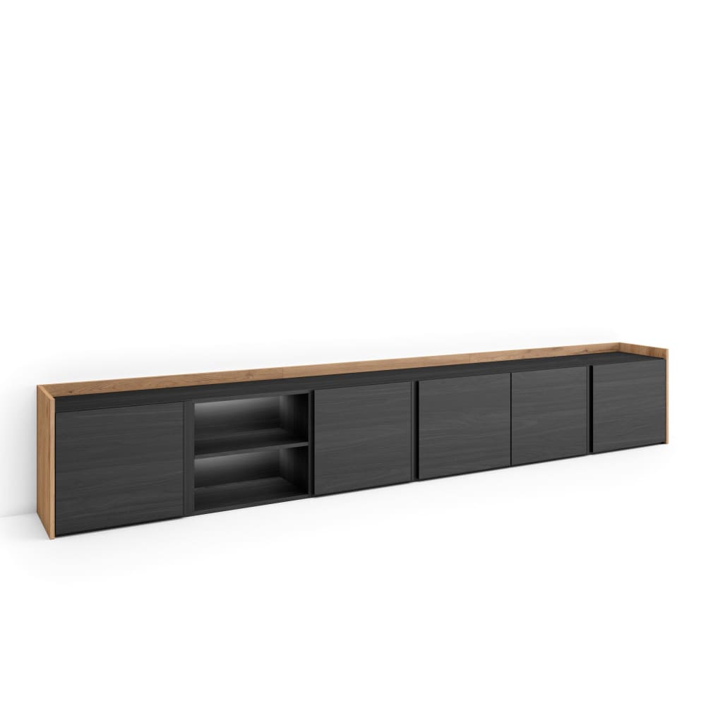 Meuble tv effet bois noir et chêne 309x35x50cm avec led