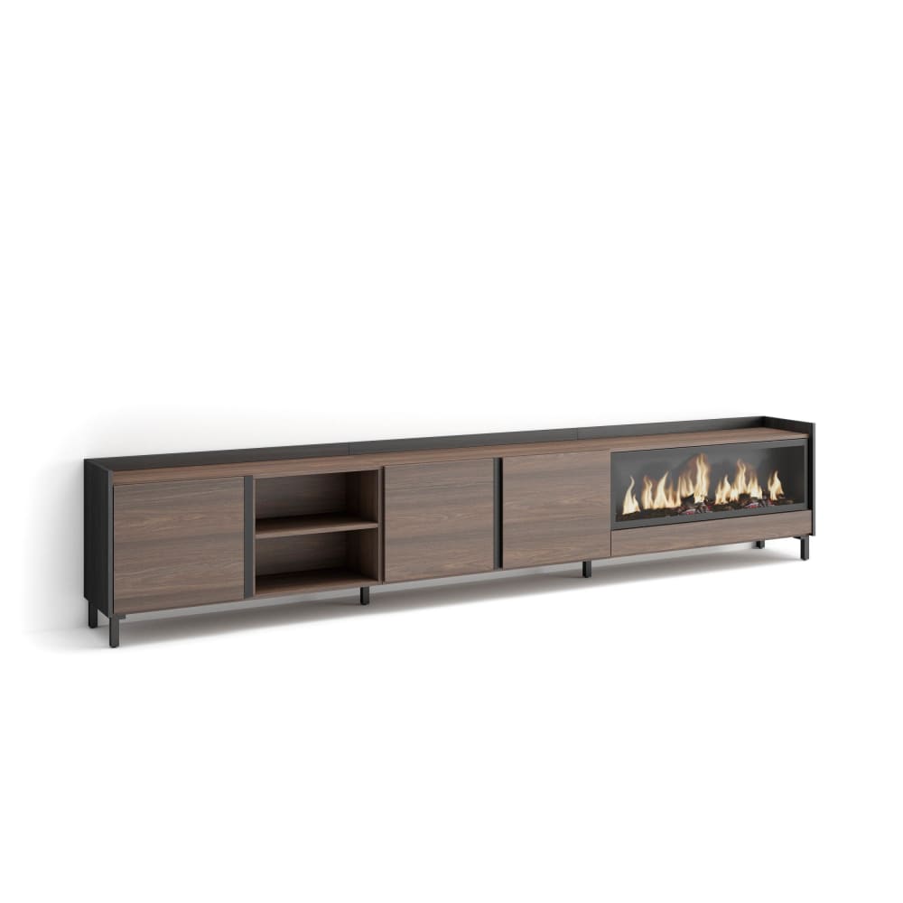 Meuble tv effet bois de chêne et noir 315x35x61cm cheminée effet feu