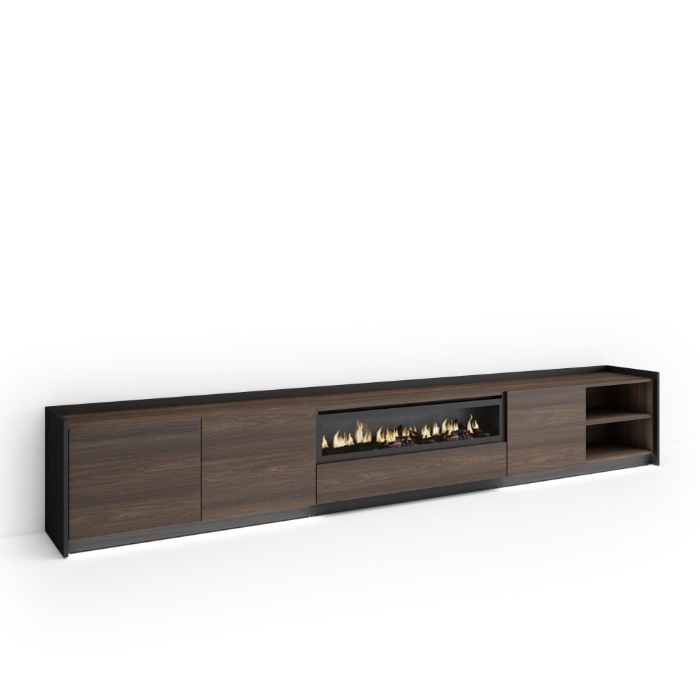 Meuble tv effet bois de chêne et noir 310x37x50cm cheminée effet feu