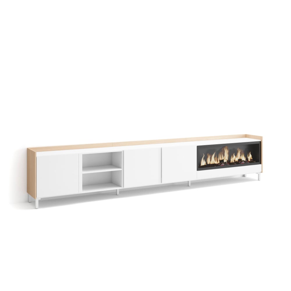 Meuble tv effet bois blanc et chêne 315x35x61cm cheminée effet feu XXL