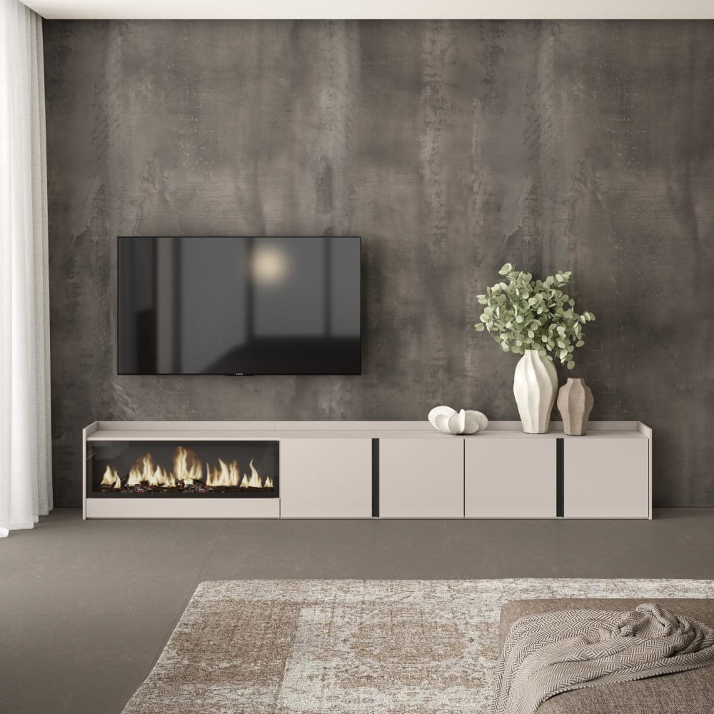 Skraut home TV-Möbel Holzeffekt beige 315x35x50cm Kamin mit Feuereffekt XXL style modern - Spanplatte