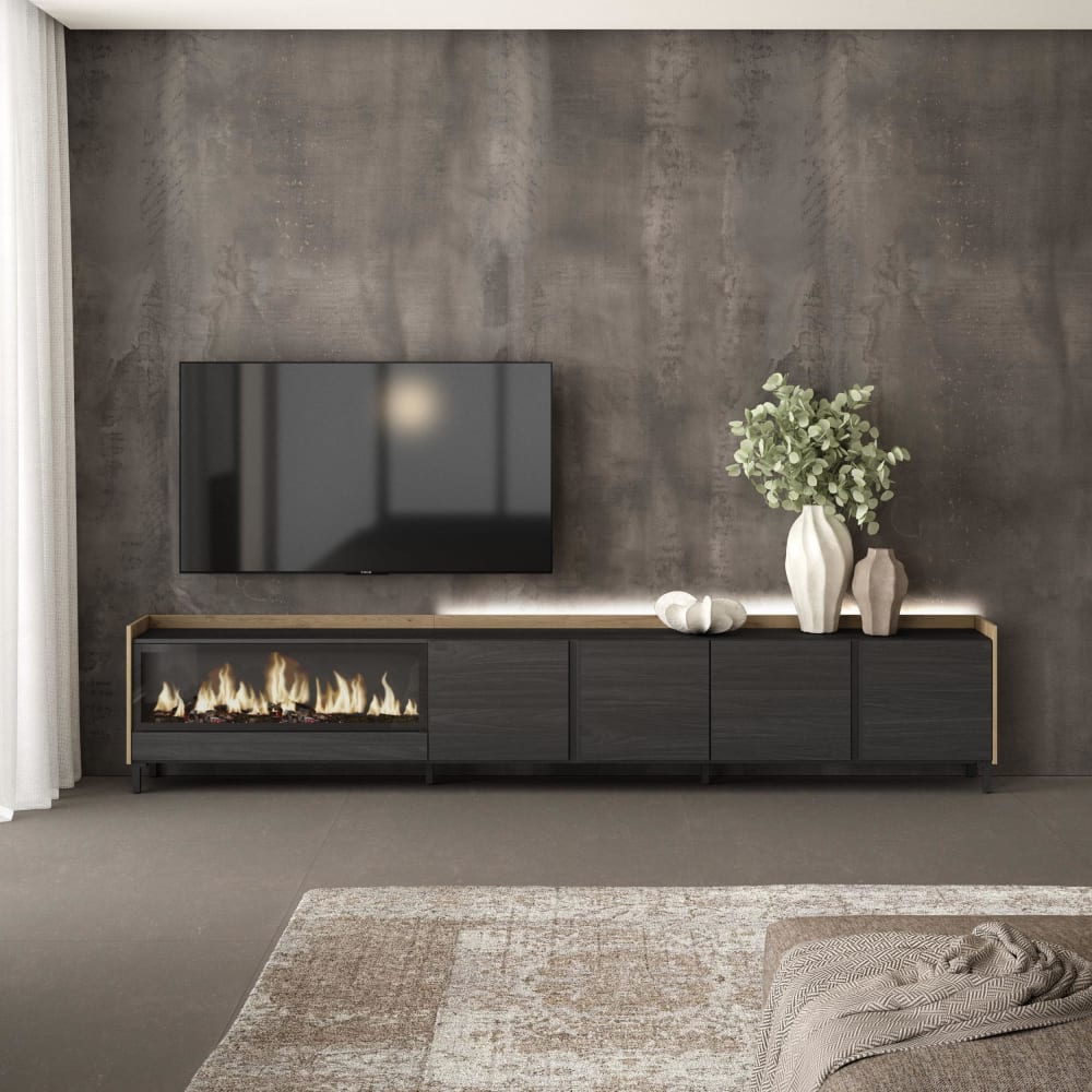 Skraut home TV-Möbel Holzeffekt schwarz eiche 315x35x61cm Kamin mit Feuereffekt style modern - Spanplatte