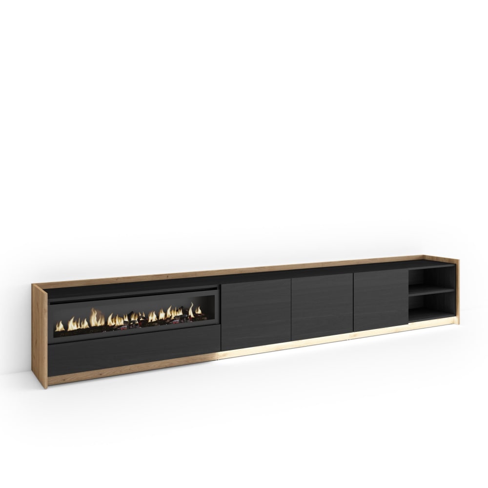 Meuble tv effet bois noir et chêne 310x37x50cm cheminée effet feu