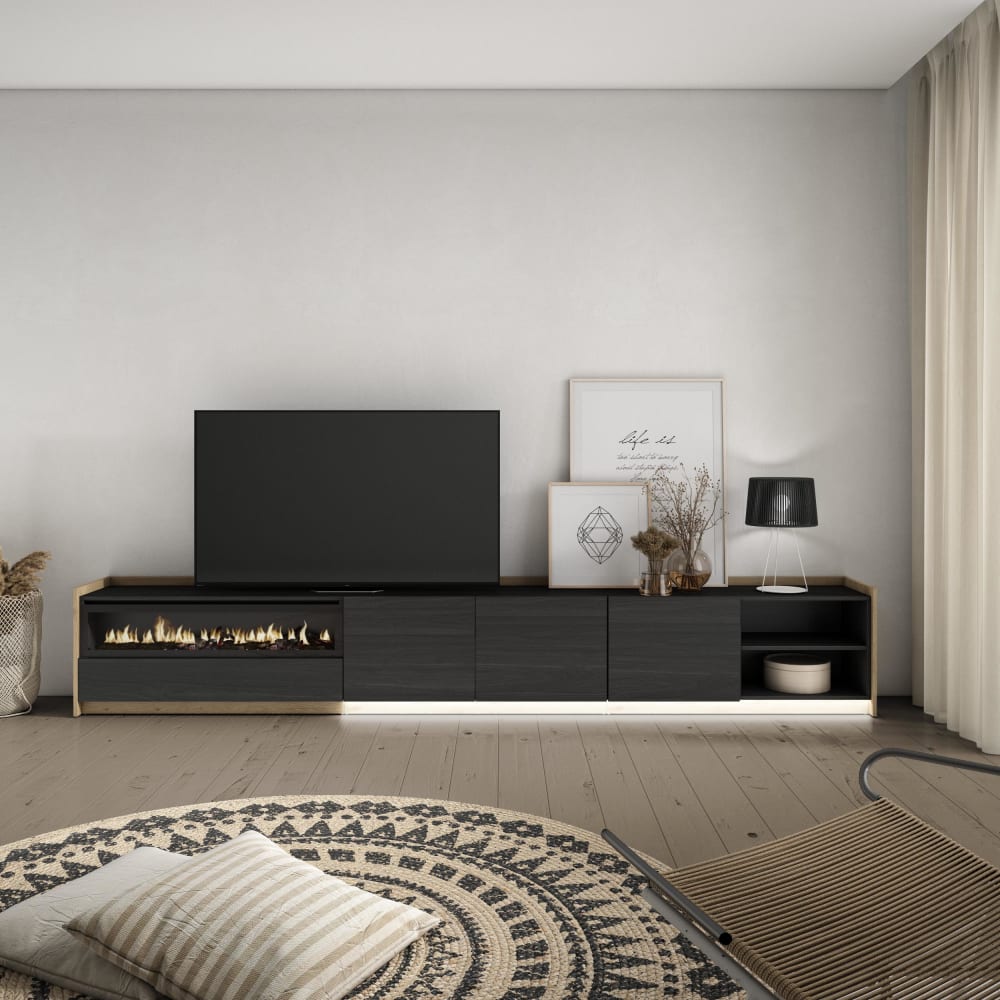 Skraut home TV-Möbel Holzeffekt schwarz eiche 310x37x50cm Kamin mit Feuereffekt style modern - Spanplatte