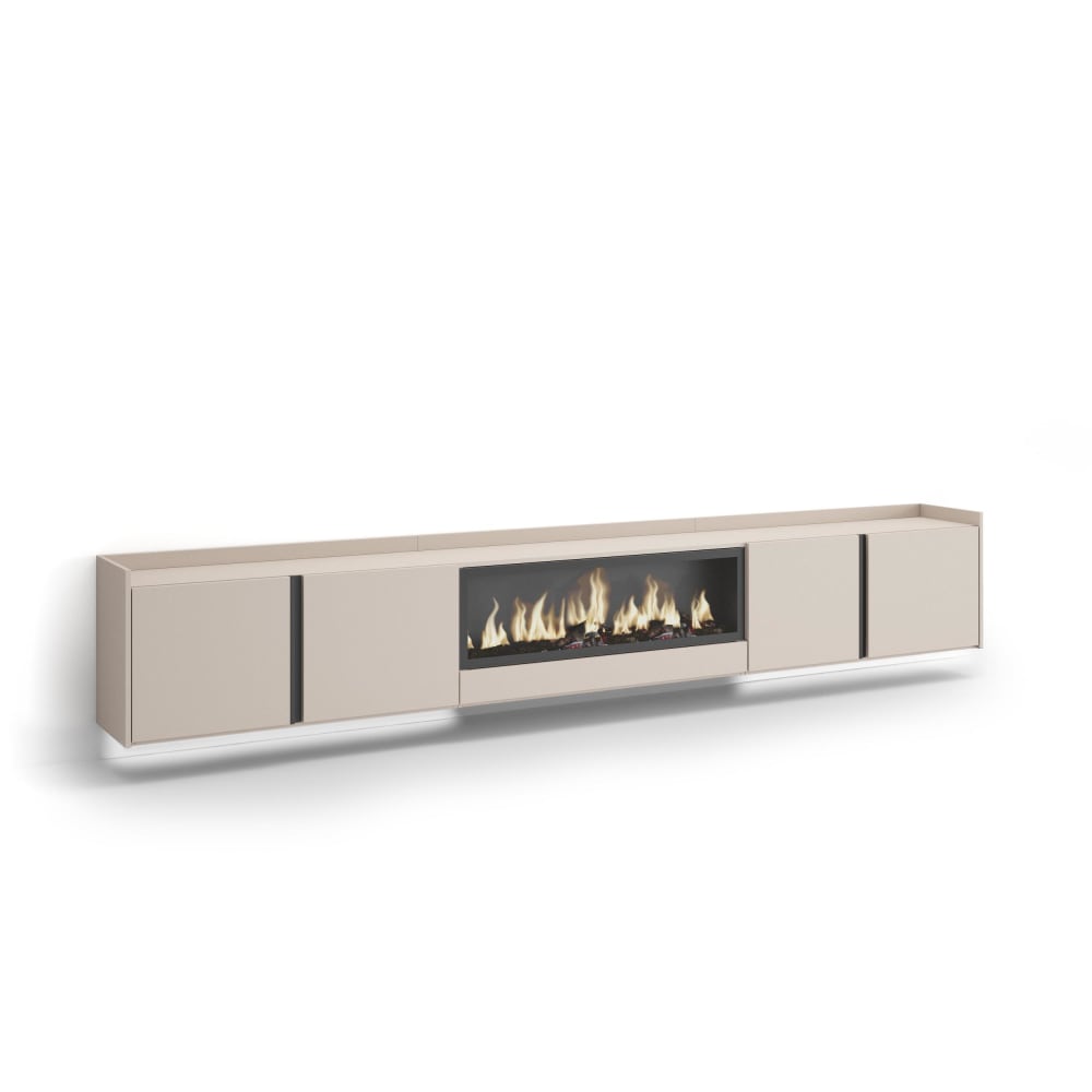 Meuble tv effet bois beige 315x35x50cm cheminée effet feu XXL