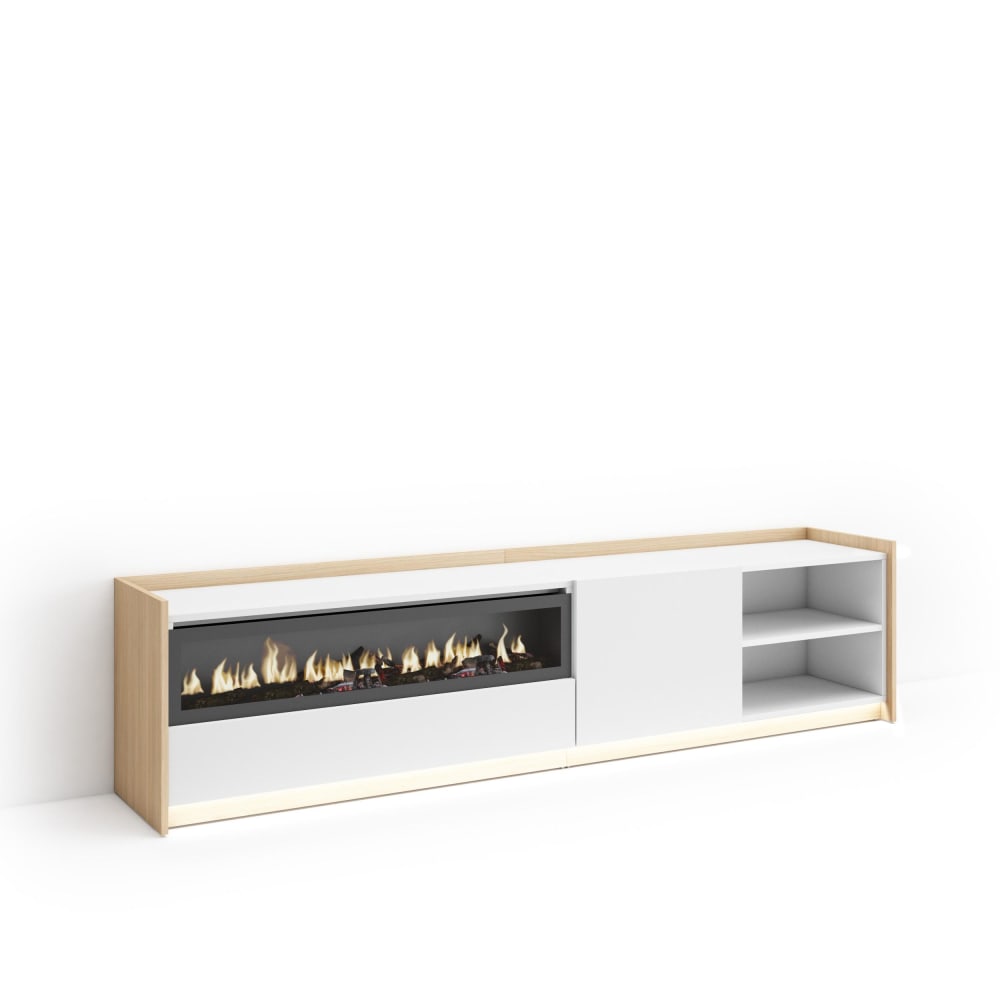 Meuble tv effet bois blanc et chêne 207x37x50cm cheminée effet feu