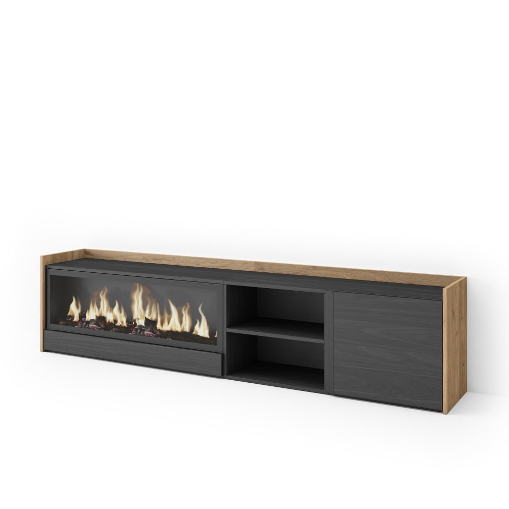 Meuble tv effet bois noir et chêne 212x35x50cm cheminée effet feu XXL