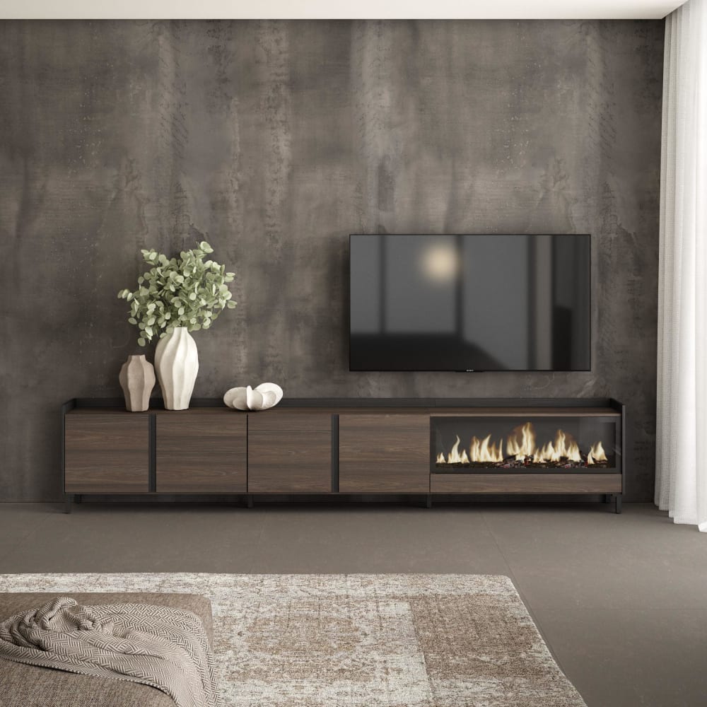 Meuble tv effet bois de chêne et noir 315x35x61cm cheminée effet feu