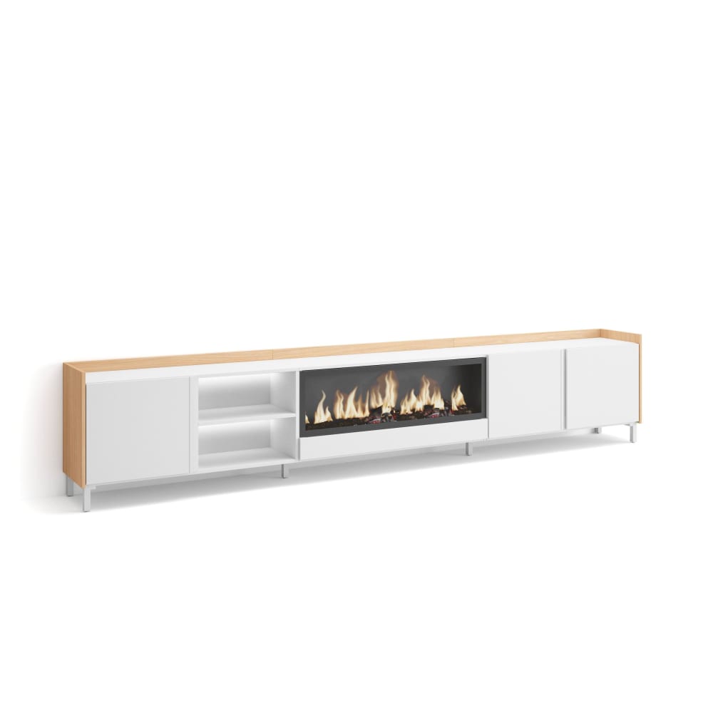 Meuble tv effet bois blanc et chêne 315x35x61cm cheminée effet feu XXL
