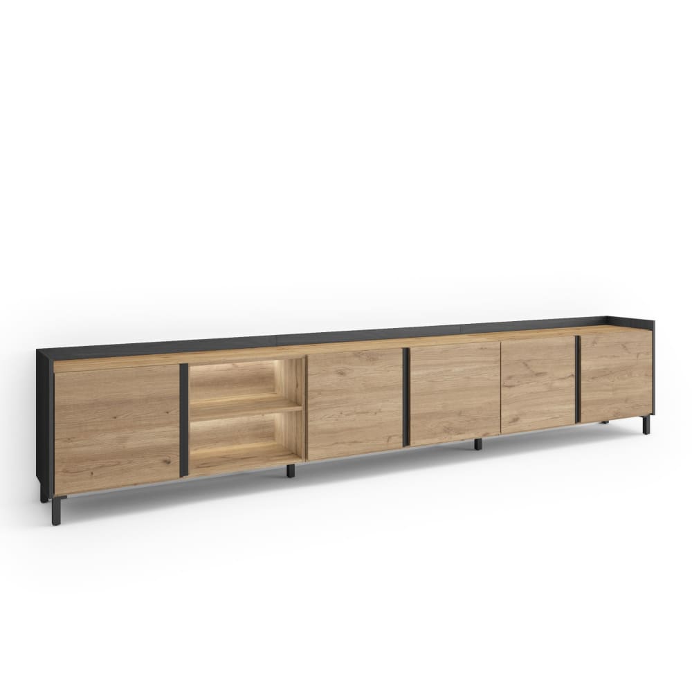 Meuble tv effet bois de chêne et noir 309x35x61cm avec pieds