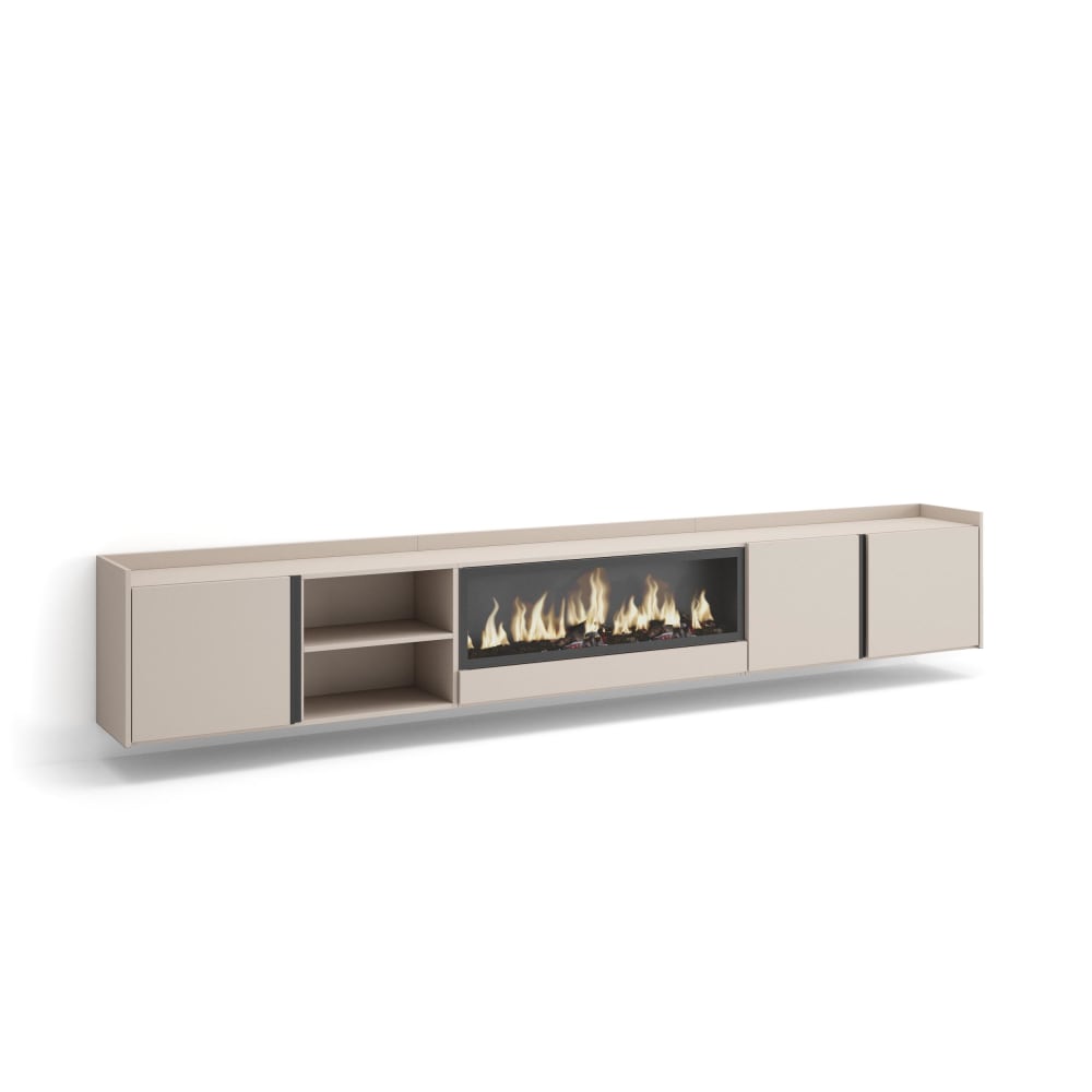 Meuble tv effet bois beige 315x35x50cm cheminée effet feu XXL