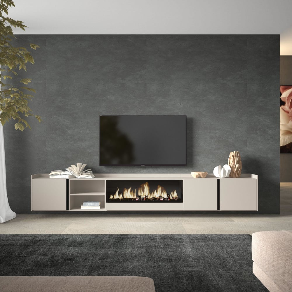 Skraut home TV-Möbel Holzeffekt beige 315x35x50cm Kamin mit Feuereffekt XXL style modern - Spanplatte