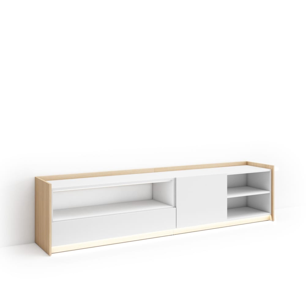 Meuble tv effet bois blanc et chêne 207x37x50cm avec led
