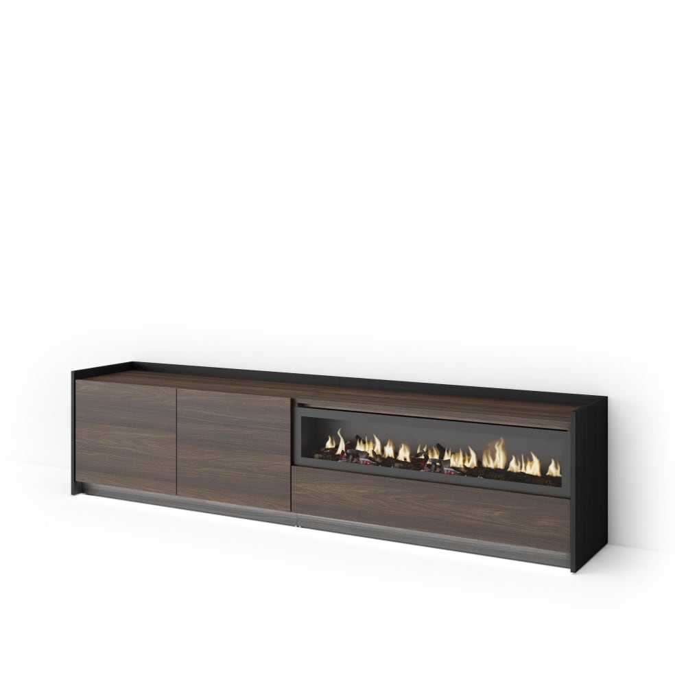 Meuble tv effet bois de chêne et noir 207x37x50cm cheminée effet feu