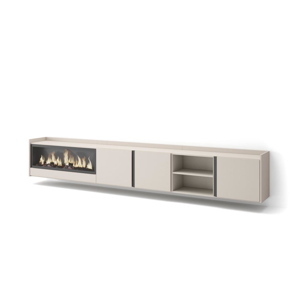 Meuble tv effet bois beige 315x35x50cm cheminée effet feu XXL