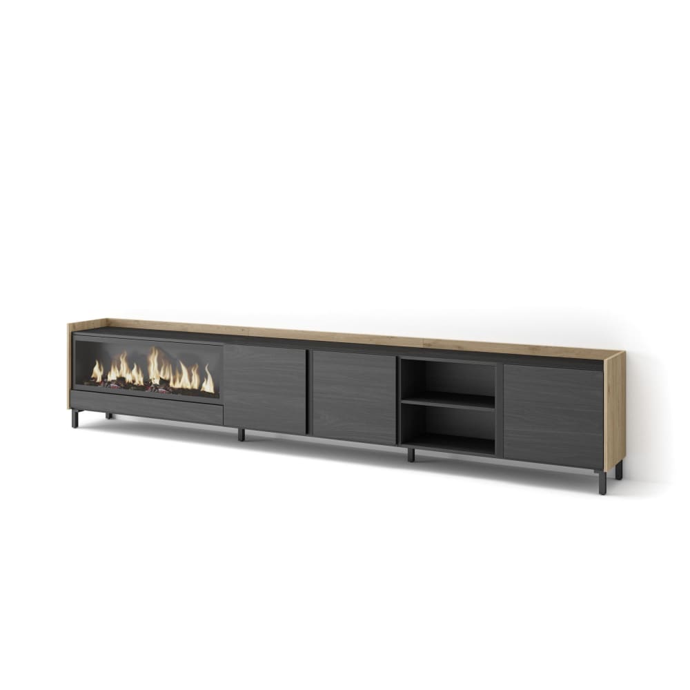 Meuble tv effet bois noir et chêne 315x35x61cm cheminée effet feu XXL