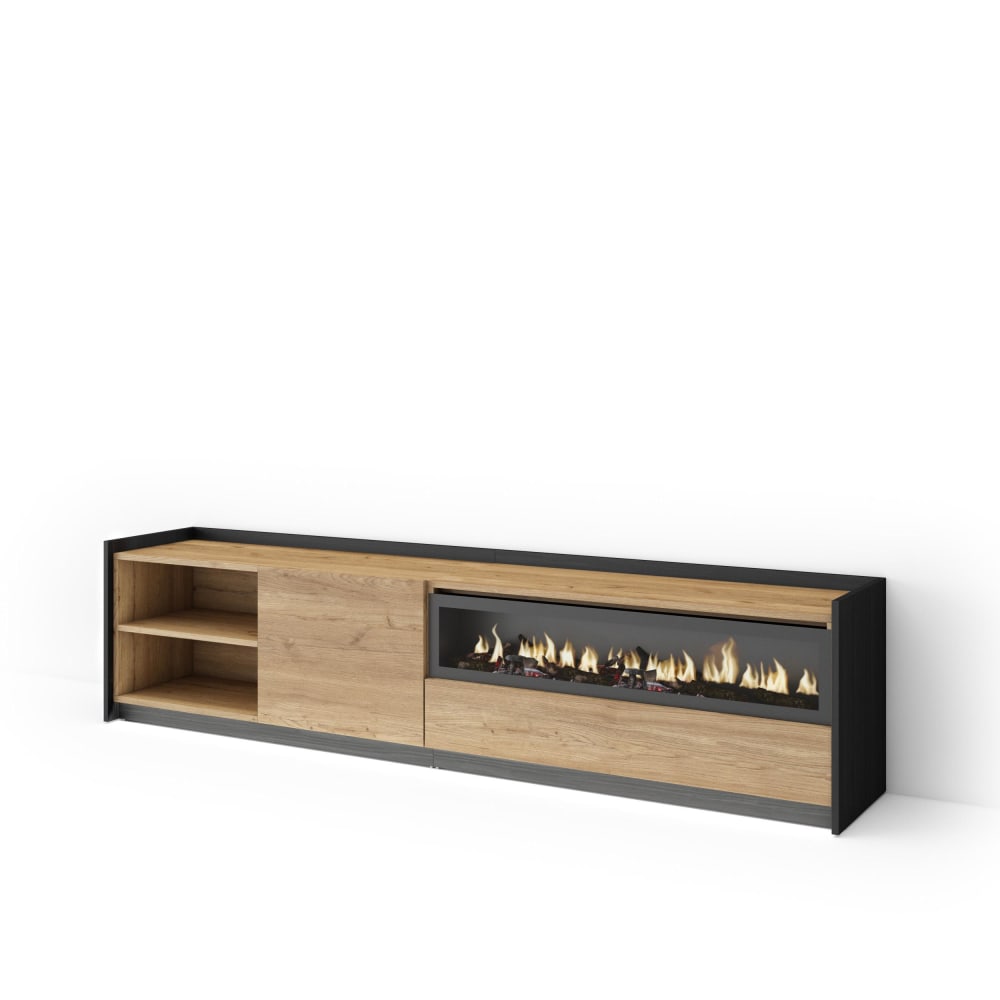 Meuble tv effet bois de chêne et noir 207x37x50cm cheminée effet feu