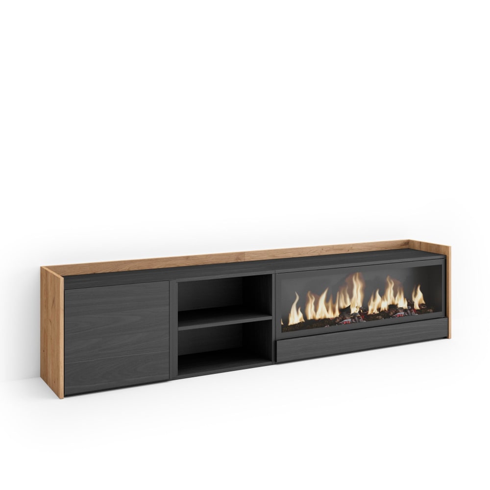 Meuble tv effet bois noir et chêne 212x35x50cm cheminée effet feu XXL