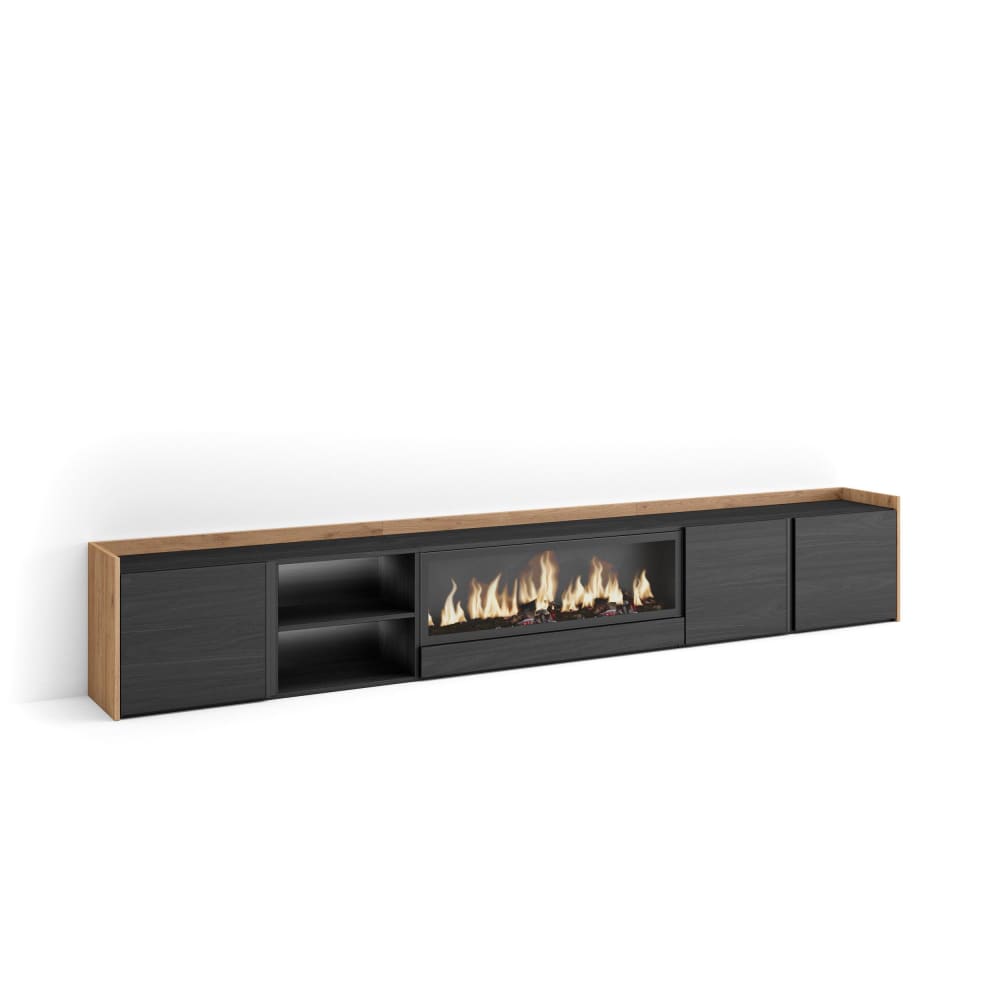 Meuble tv effet bois noir et chêne 315x35x50cm cheminée effet feu XXL