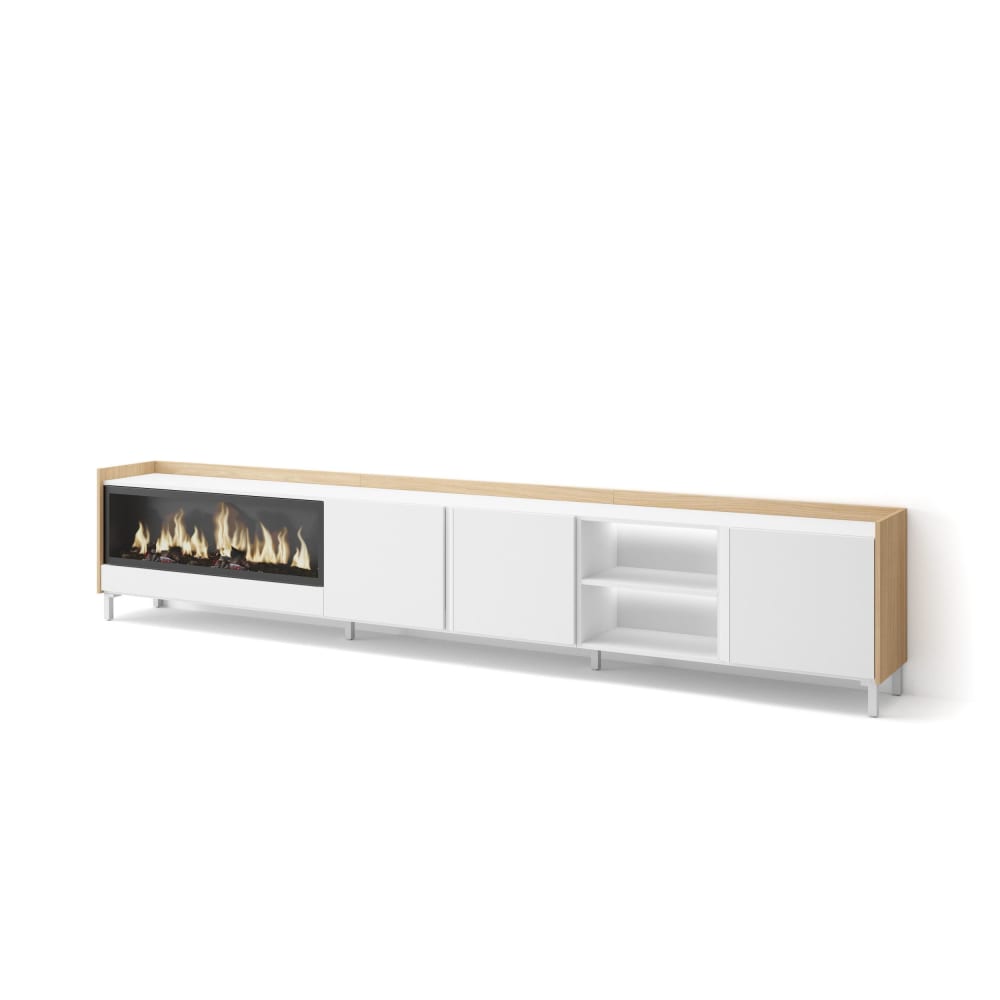 Meuble tv effet bois blanc et chêne 315x35x61cm cheminée effet feu XXL