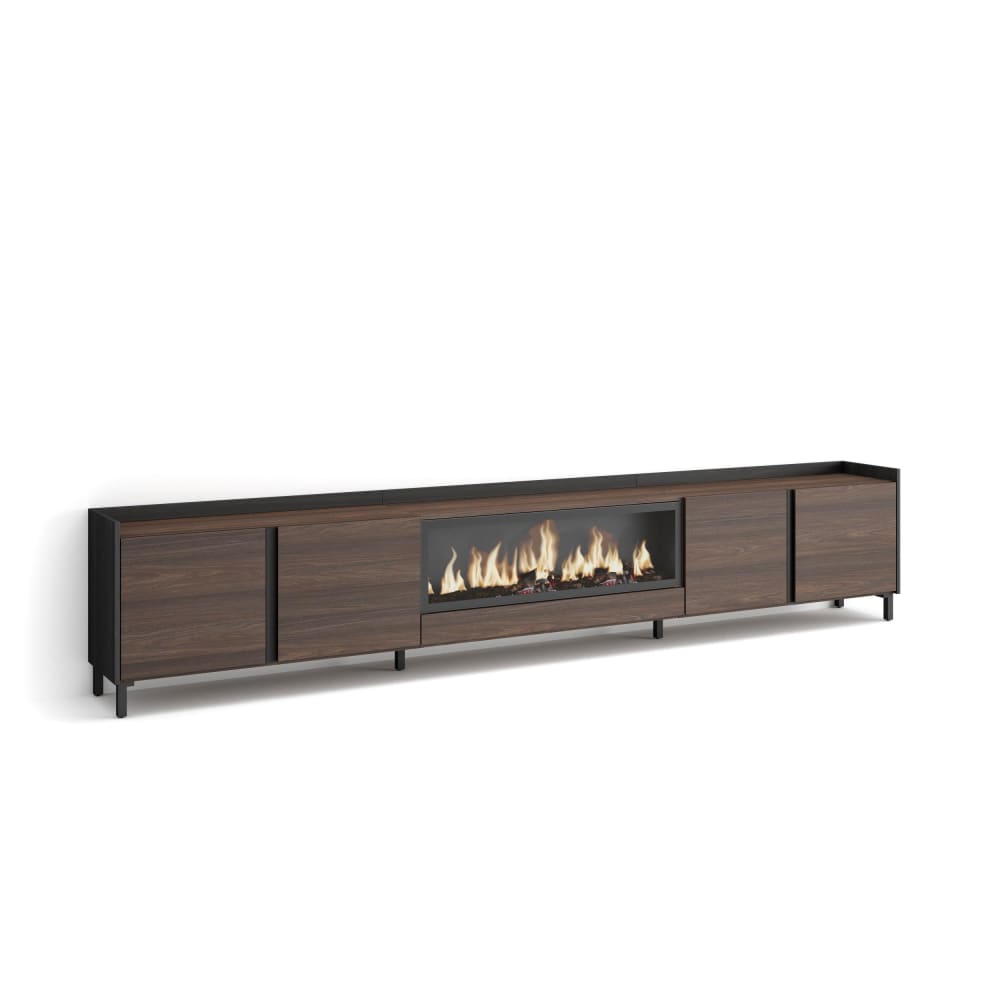 Meuble tv effet bois de chêne et noir 315x35x61cm cheminée effet feu