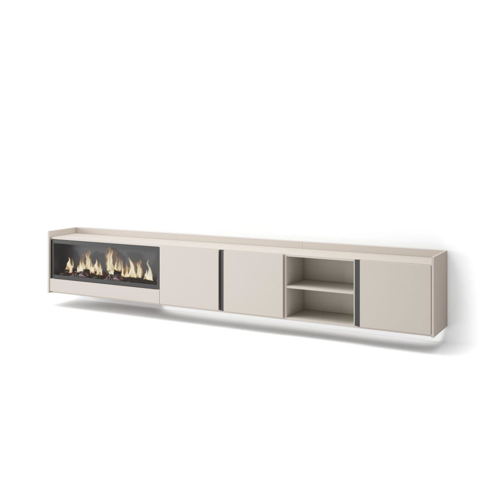 Meuble tv effet bois beige 315x35x50cm cheminée effet feu XXL