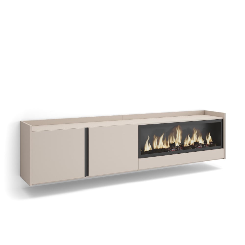 Meuble tv effet bois beige 212x35x50cm cheminée effet feu XXL