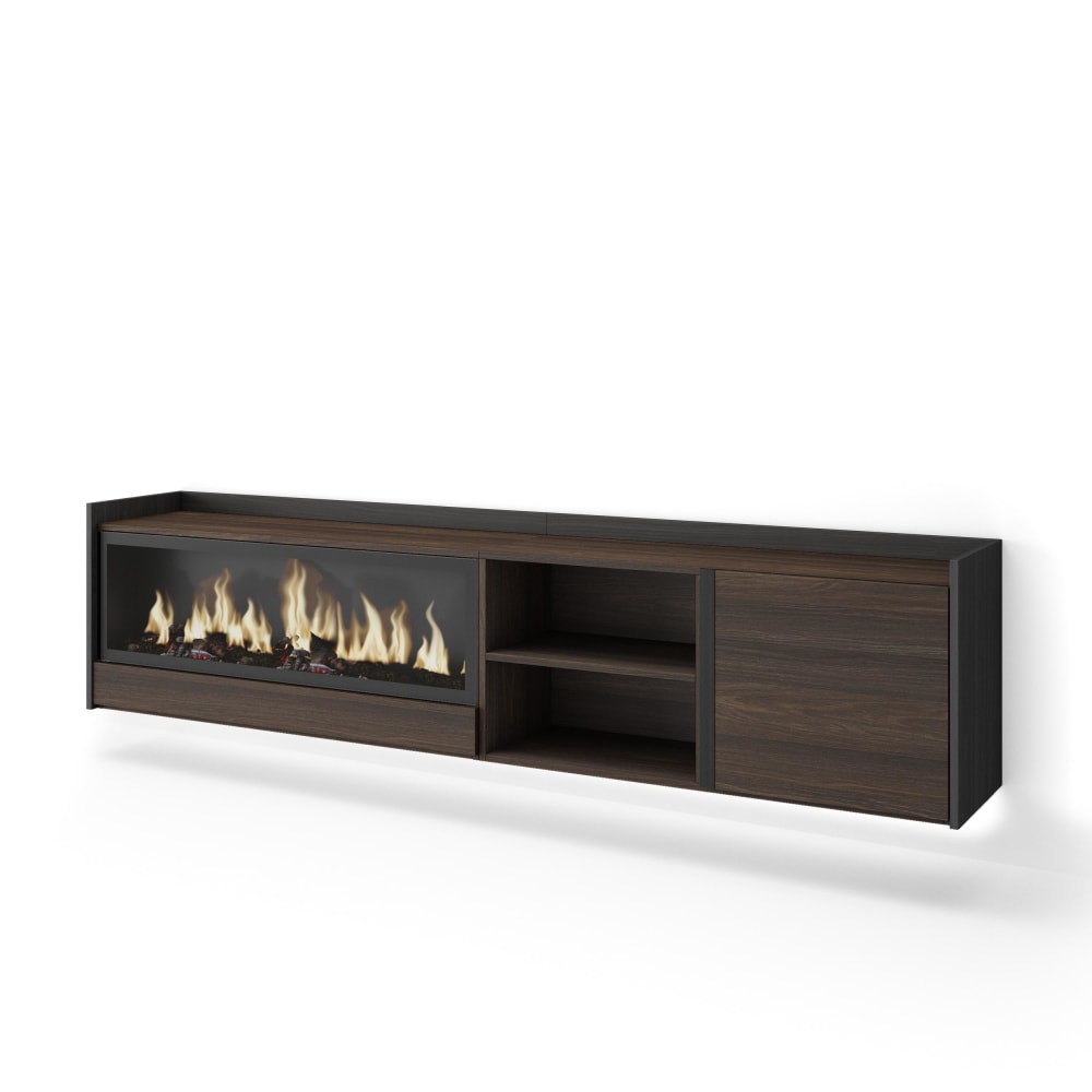 Meuble tv effet bois de chêne et noir 212x35x50cm cheminée effet feu
