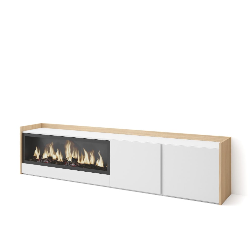 Meuble tv effet bois blanc et chêne 212x35x50cm cheminée effet feu XXL