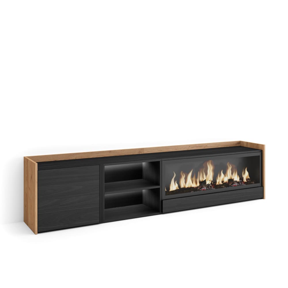 Meuble tv effet bois noir et chêne 212x35x50cm cheminée effet feu XXL