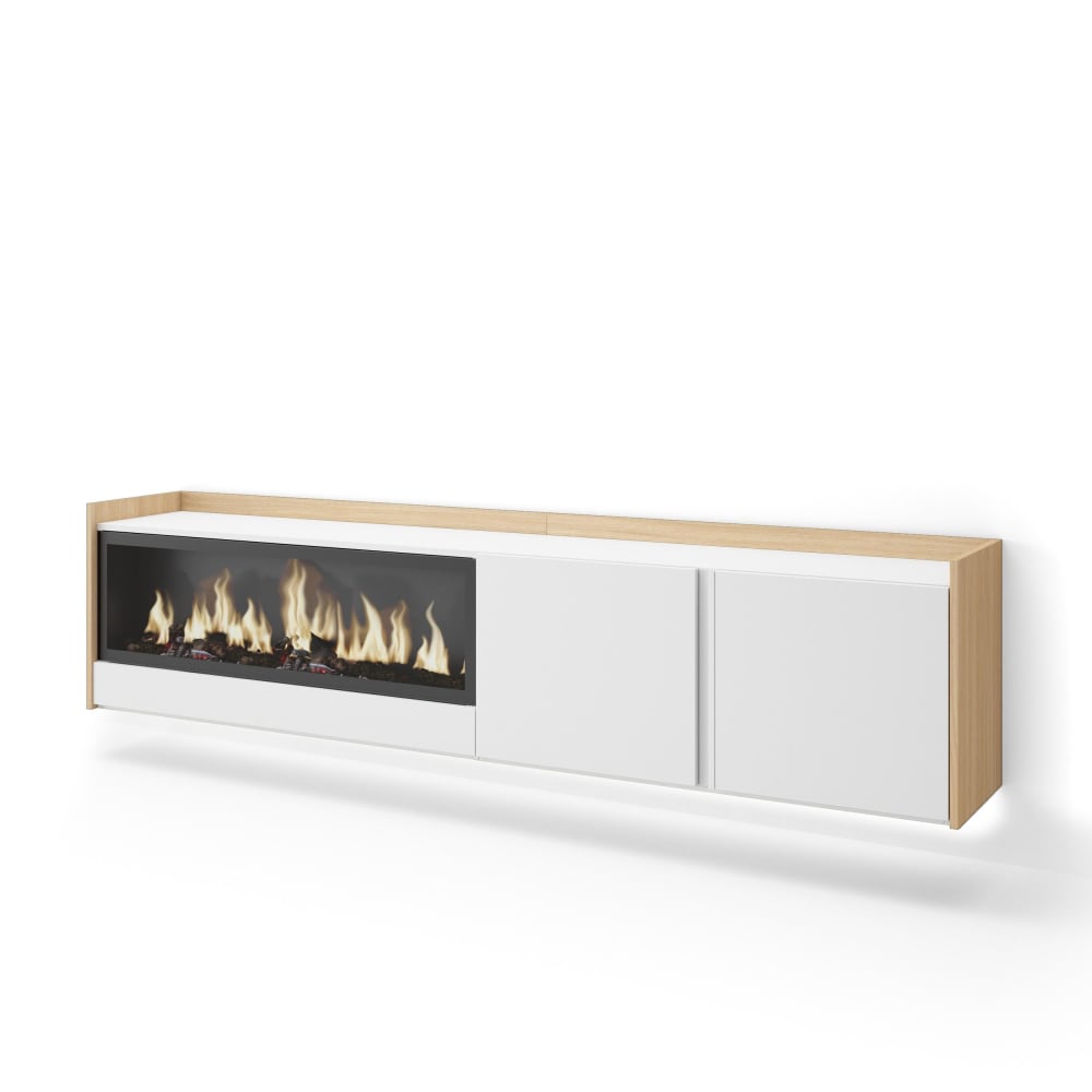 Meuble tv effet bois blanc et chêne 212x35x50cm cheminée effet feu XXL