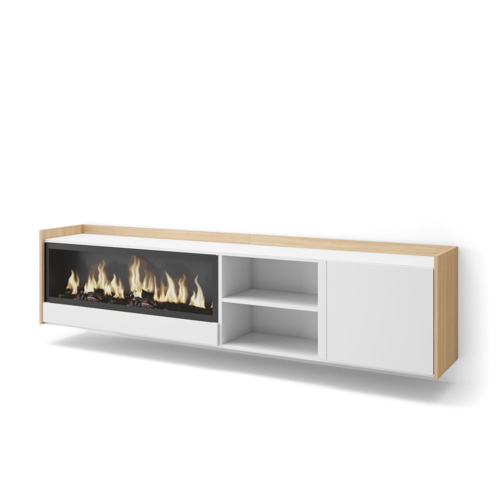 Meuble tv effet bois blanc et chêne 212x35x50cm cheminée effet feu XXL