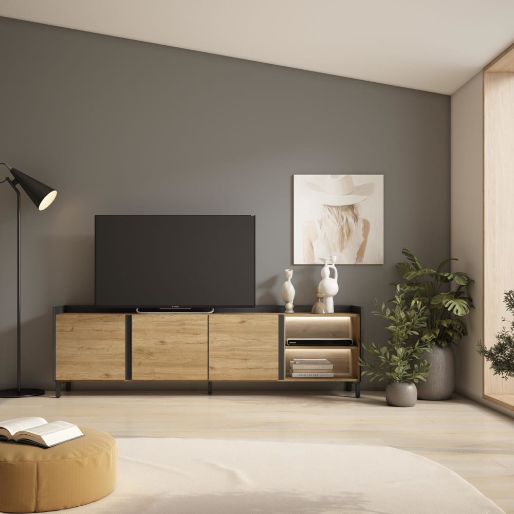 Meuble tv effet bois de chêne et noir 207x35x61cm avec pieds