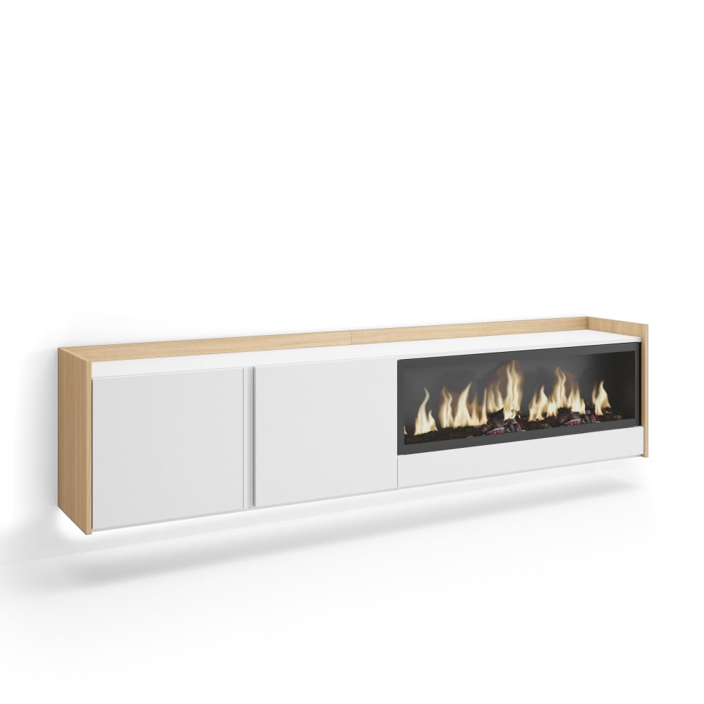 Meuble tv effet bois blanc et chêne 212x35x50cm cheminée effet feu XXL