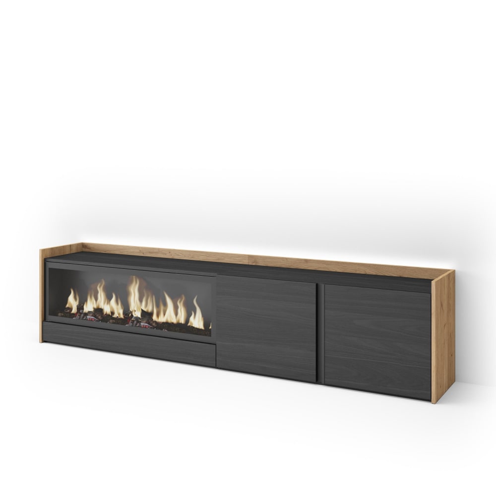Meuble tv effet bois noir et chêne 212x35x50cm cheminée effet feu XXL