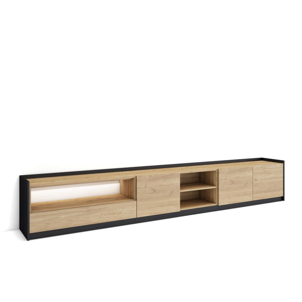 Meuble tv effet bois de chêne et noir 310x37x50cm avec led
