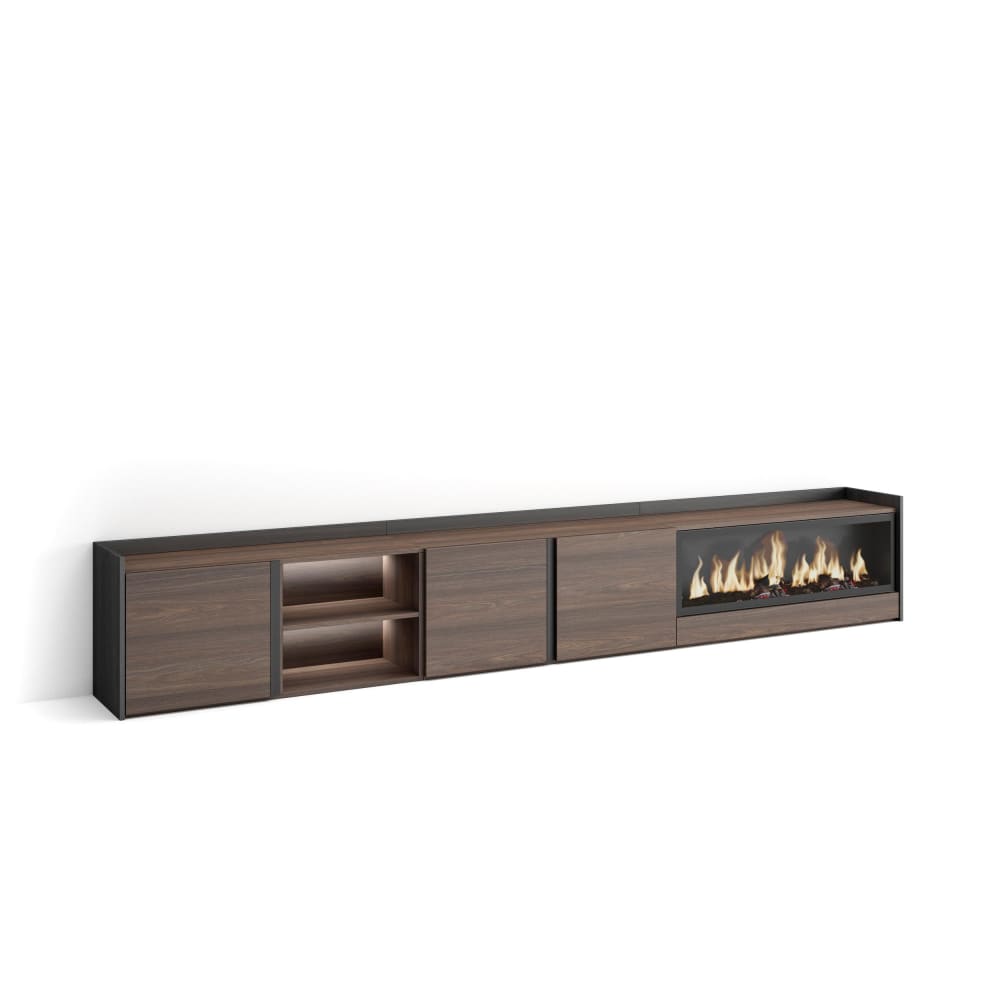 Meuble tv effet bois de chêne et noir 315x35x50cm cheminée effet feu