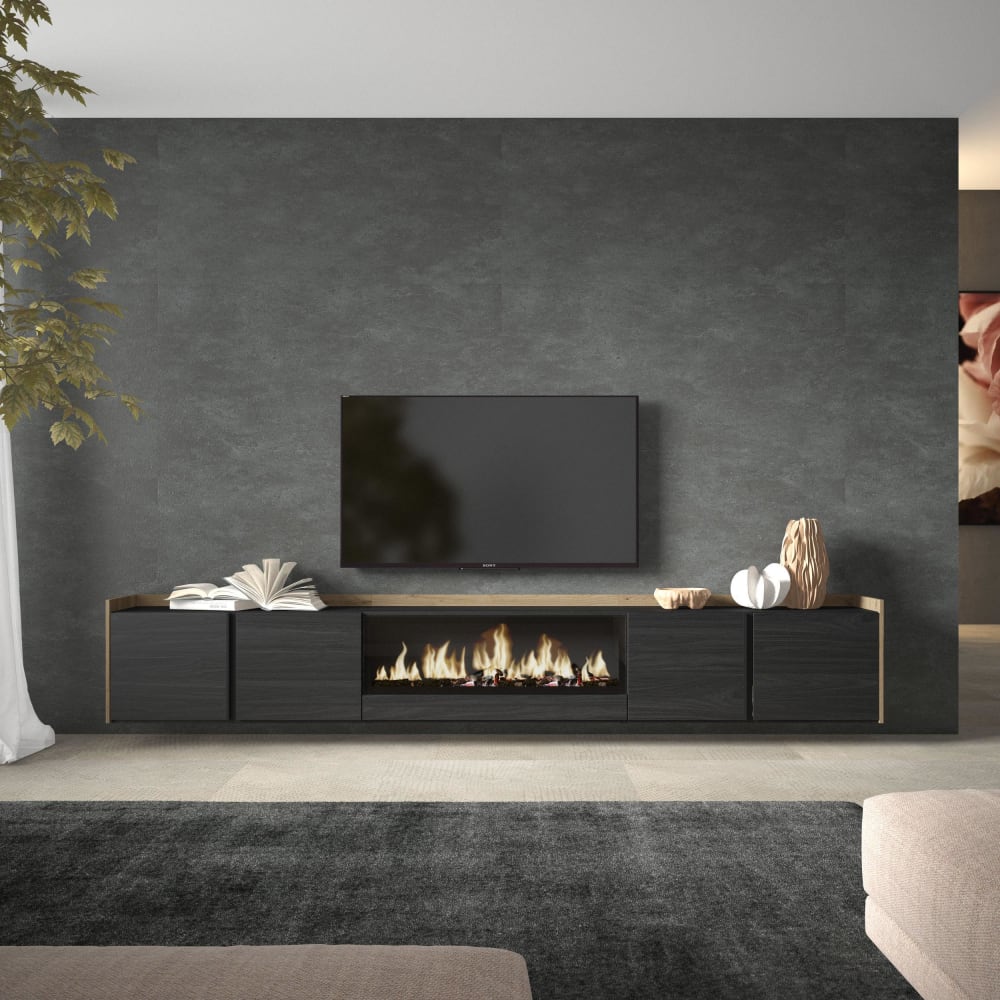 Skraut home TV-Möbel Holzeffekt schwarz eiche 315x35x50cm Kamin mit Feuereffekt style modern - Spanplatte