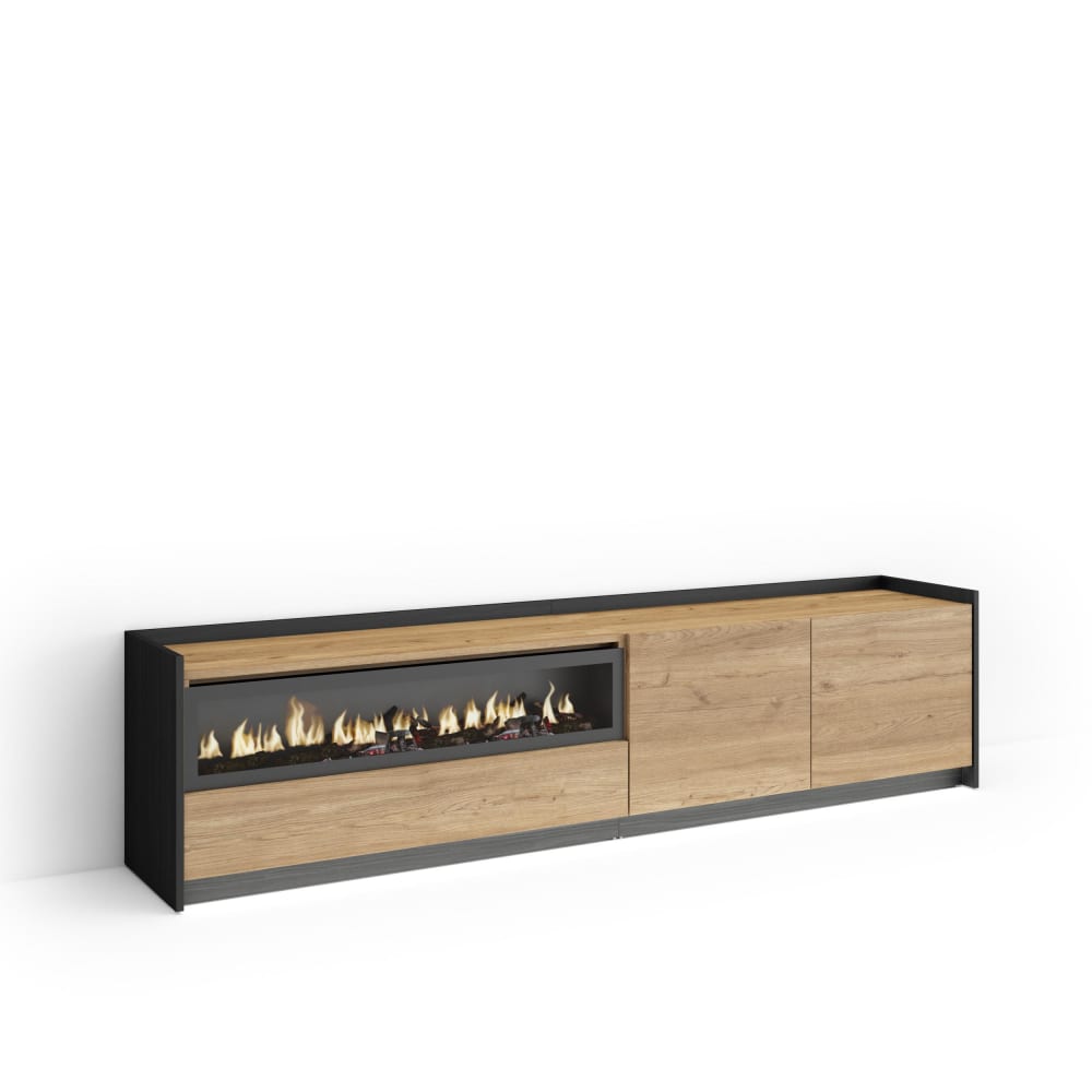 Meuble tv effet bois de chêne et noir 207x37x50cm cheminée effet feu