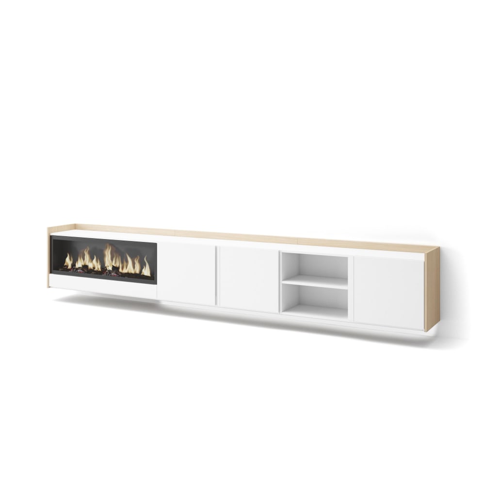 Meuble tv effet bois blanc et chêne 315x35x50cm cheminée effet feu XXL