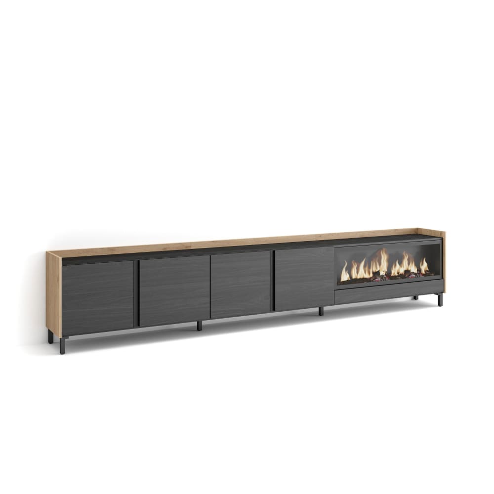 Meuble tv effet bois noir et chêne 315x35x61cm cheminée effet feu XXL